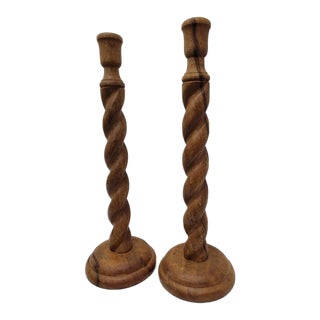 Tall Vintage Barley Twist Wooden Candle Holders- a Pair For Sale
