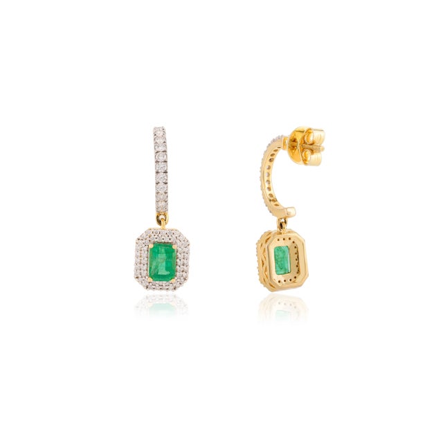 Not Yet Made - Made To Order 1.85ct Emerald and Diamond C-Hoop Drop Earrings in 14k Yellow Gold- 2 Pieces For Sale - Image 5 of 10
