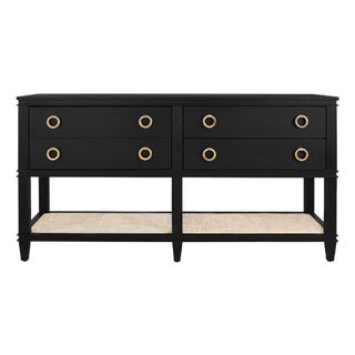 Matthew Izzo Home Richmond Black Oak Four Drawer Console With Brass Drawer Pulls and Open Caned Shelf For Sale