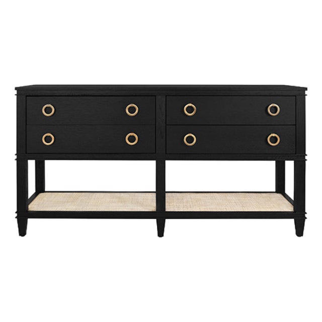 Matthew Izzo Home Richmond Black Oak Four Drawer Console With Brass Drawer Pulls and Open Caned Shelf For Sale