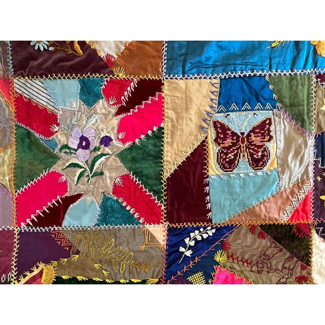 Turquoise Antique Handmade Blue Silk Velvet Needlepoint Embroidery Painted Crazy Quilt For Sale - Image 8 of 9