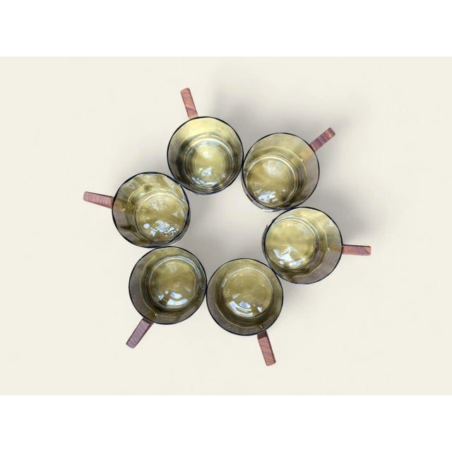 Vintage Smoked Glass, Brass and Teak Punch Set, 1930s, Set of 6 For Sale - Image 4 of 11