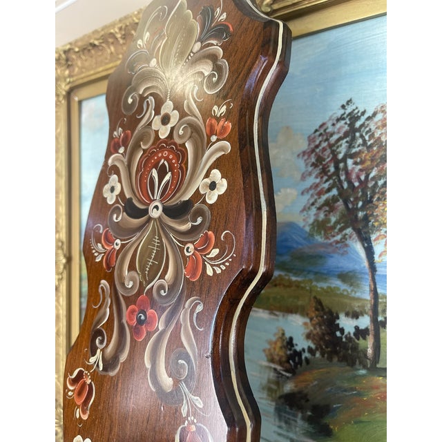 Possibly Norwegian Hand-Painted Rosemaling Wall Pocket With Candlestick Holder or Miniature Vase, Signed by Kaja, 1990-Scandinavian Folk Art Decor. For Sale - Image 4 of 9