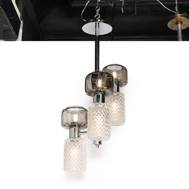 Mid-Century Pressed Crystal & Smoked Murano Glass Staggered 3-Arm Pendant For Sale - Image 4 of 14