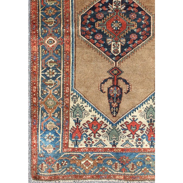 Tribal Antique Persian Serab Rug With Stretched Tribal Medallion in Camel, Blue & Ivory 3'5 X 6'3 For Sale - Image 3 of 7