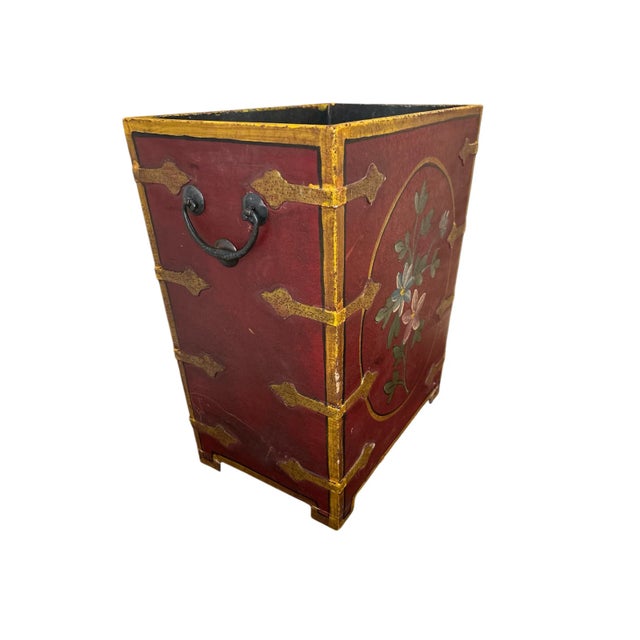 Mid 20th Century Mid 20th Century Vintage Red Floral Wastebasket For Sale - Image 5 of 10