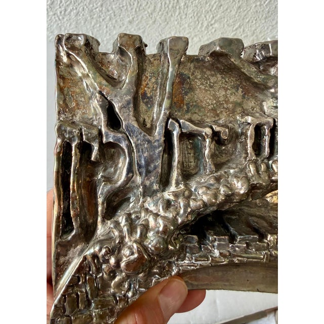 Brutalist Unknown, Artist Designed Signed Judaica Israeli Menorah Candelabra Sculpture Silver Plate For Sale - Image 3 of 12