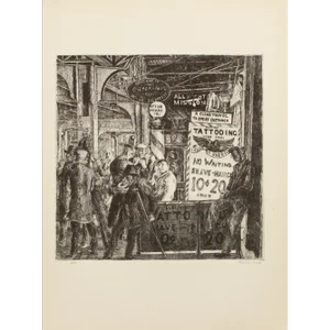 1939 After Reginald Marsh "Tattoo-Haircut-Shave", First Edition Period Offset Lithograph