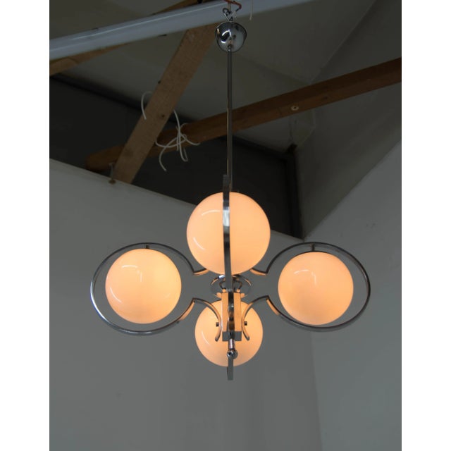 Art Deco Opaline Glass, Wood and Chrome Chandelier, 1930s For Sale - Image 10 of 13