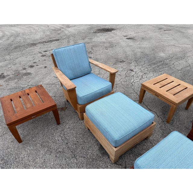1990s Vintage Brown Jordan "Mission Teak" Deep Seating Patio Set With Blue Cushions - 10 Pieces For Sale - Image 11 of 11
