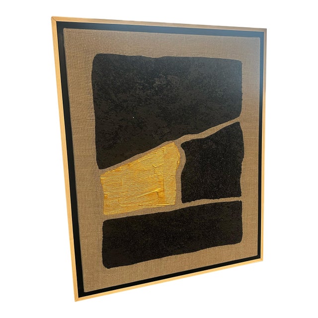 Gold and Carbon Painting on Spanish Linen Minimalist Painting, Framed Center Mixed Gold For Sale
