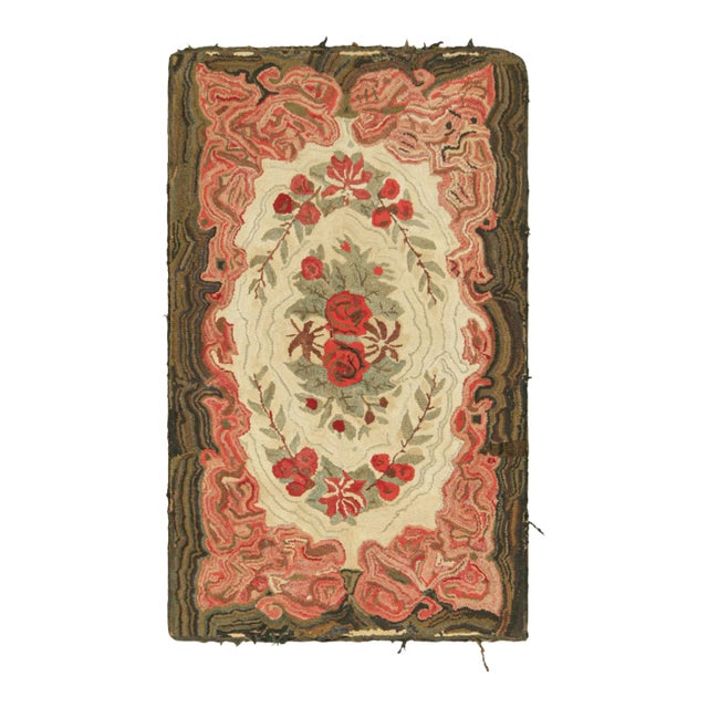 Antique Hooked Rug in Cream & Pink With Colorful Floral Medallion | Rug & Kilim For Sale