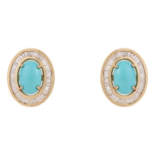Vintage-Style 2.42ct Turquoise Cabochon Diamond Stud Earrings in 14k Yellow Gold- A Pair For Sale