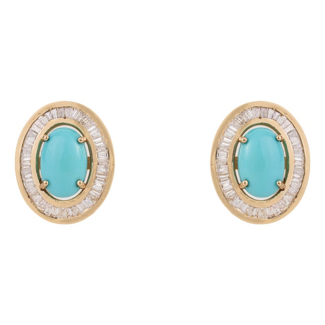 Vintage-Style 2.42ct Turquoise Cabochon Diamond Stud Earrings in 14k Yellow Gold- A Pair For Sale