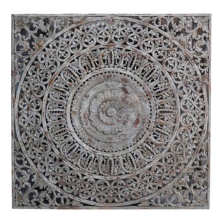 1970s Large 72" Hand Carved Wood Wall Art Panel | Distressed Gray Mandala Square Sculpture | Modern Farmhouse Decor | Huge Headboard Statement For Sale