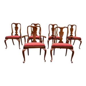 Vintage Henkel Harris Set of 6 Queen Anna Style Cherry Dining Chairs