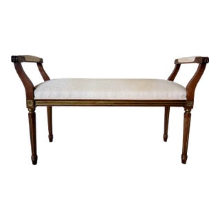 Vintage French Louis XVl - Style Carved Wood Upholstered Bench For Sale