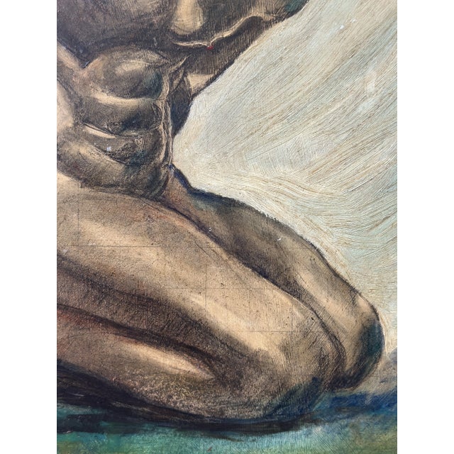 Vintage Art Deco Style Kneeling Male Nude Oil on Board Painting, Circa Mid 20th Century For Sale - Image 13 of 18