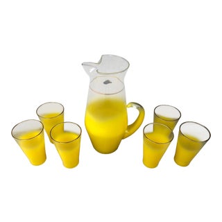 Vintage / Mid Century Modern Blendo West Virginia Glass Yellow Pitcher and Glasses - 7 Piece Set For Sale