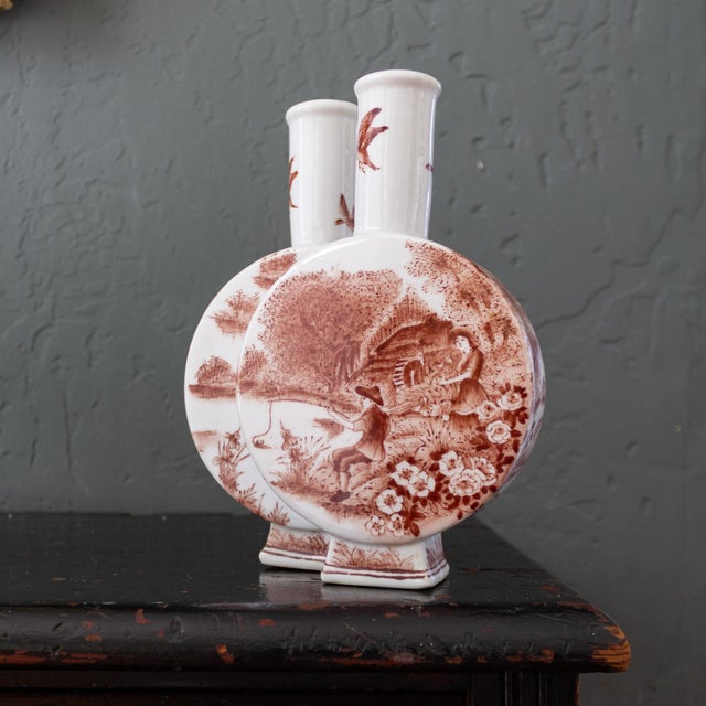 Porcelain Double Moon Flask Vase With Red Hand Painted Country Scene For Sale - Image 18 of 18