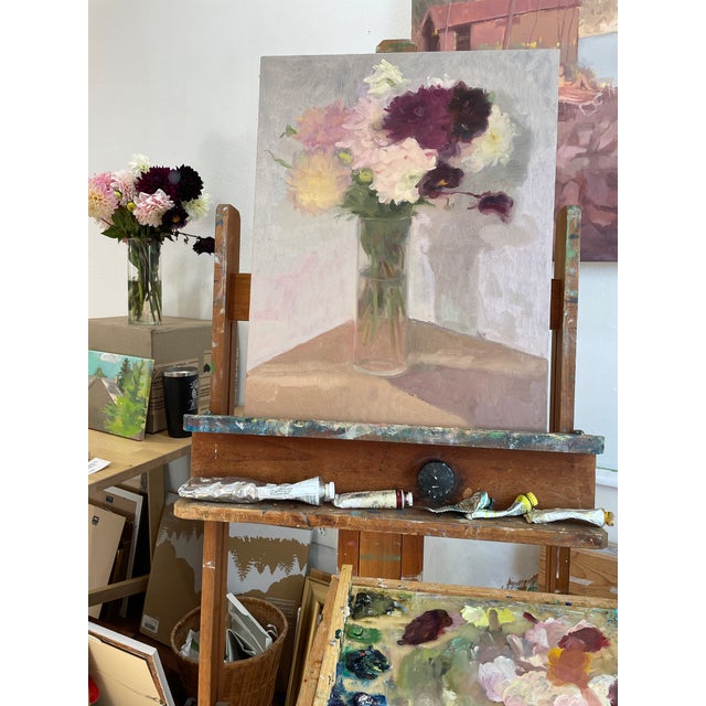 Mid-Century Modern Original Oil Painting, Dahlia Floral Art by Michelle Farro For Sale - Image 3 of 9