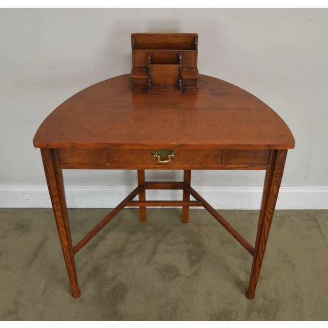 Wood Antique Mission Oak Arts and Crafts Half Round Desk For Sale - Image 7 of 13