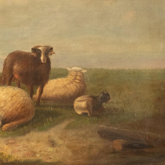 19thC Belgian Realist Pastoral Oil Canvas Landscape Painting Ram Sheep & Goat Laurent De Beul 1870 For Sale - Image 12 of 14