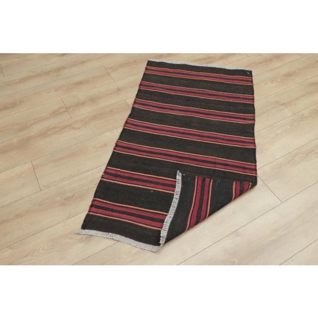 Textile 1980s Tribal Black Striped Kilim Small Rug For Sale - Image 7 of 13