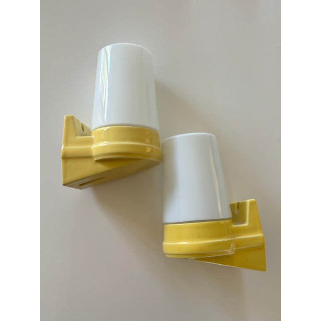 Glass Model 6070 Wall Lights in Yellow Porcelain and Opaline Glass by Sigvard Bernadotte for Ifö, 1960s, Set of 2 For Sale - Image 7 of 12