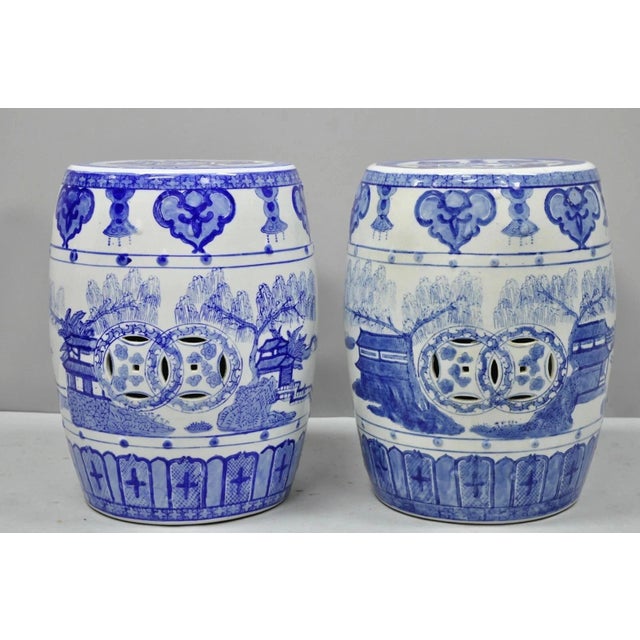 Vintage Chinoiserie Oriental Blue & White Porcelain Chinese Garden Drum Seat Side Tables - a Pair. Item features porcelain...