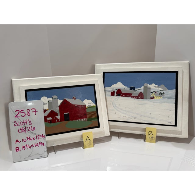 Pair Signed 2002 American Folk Art Farm Landscape Paintings Red Barns For Sale - Image 14 of 14