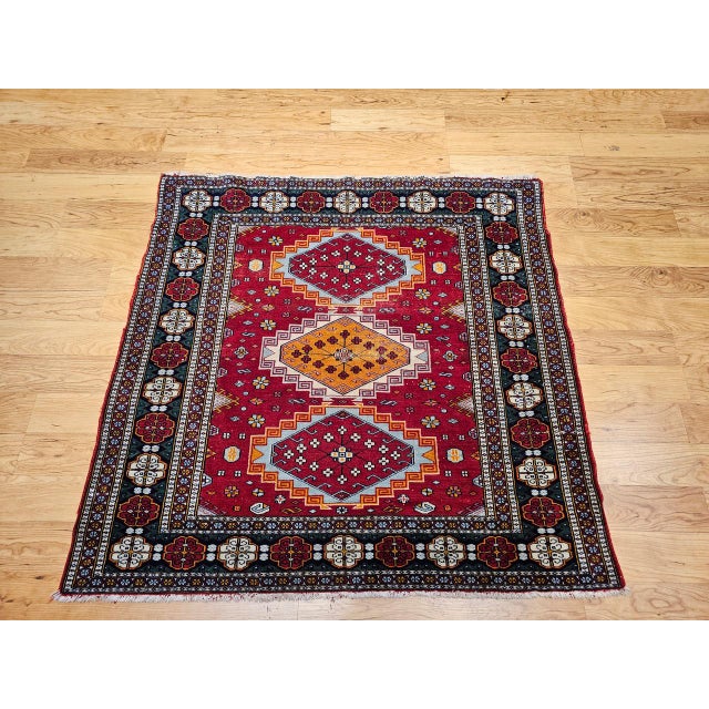 Textile Vintage Persian Tribal Square Rug, Hand-Knotted Wool, Geometric Medallions Pattern, 4x4, Red & Blue For Sale - Image 7 of 15