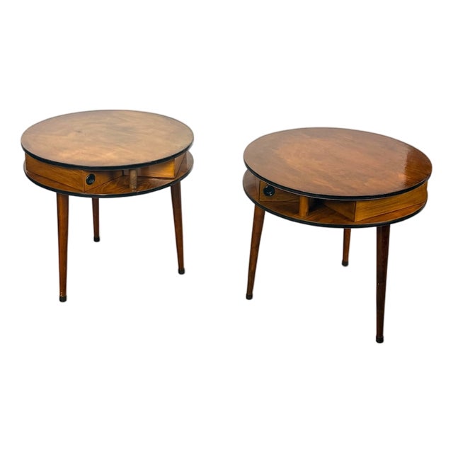 Italian Round Side Tables with Radial Drawers, 1950s, Set of 2 For Sale