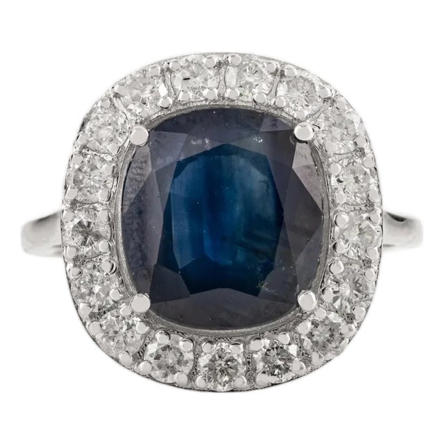 Princess Diana Inspired 4.36 Ct Blue Sapphire & Diamond Halo 14k Gold Ring Size 5 For Sale
