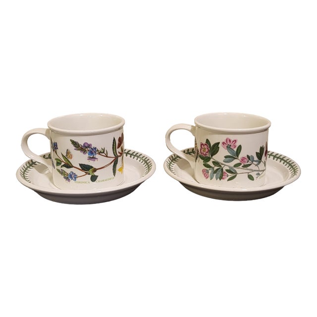 1980s Portmeirion Botanic Garden Tea Cups With Under Plates- 4 Pieces For Sale