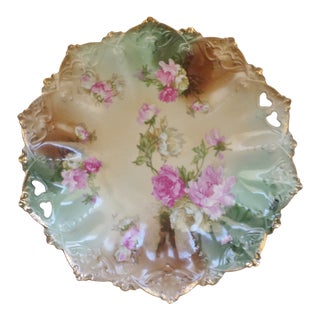 Antique M Z Austria Moritz Zdekaue Green & Brown W/ Roses Cake Plate For Sale