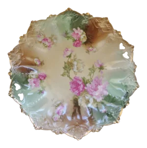 Antique M Z Austria Moritz Zdekaue Green & Brown W/ Roses Cake Plate