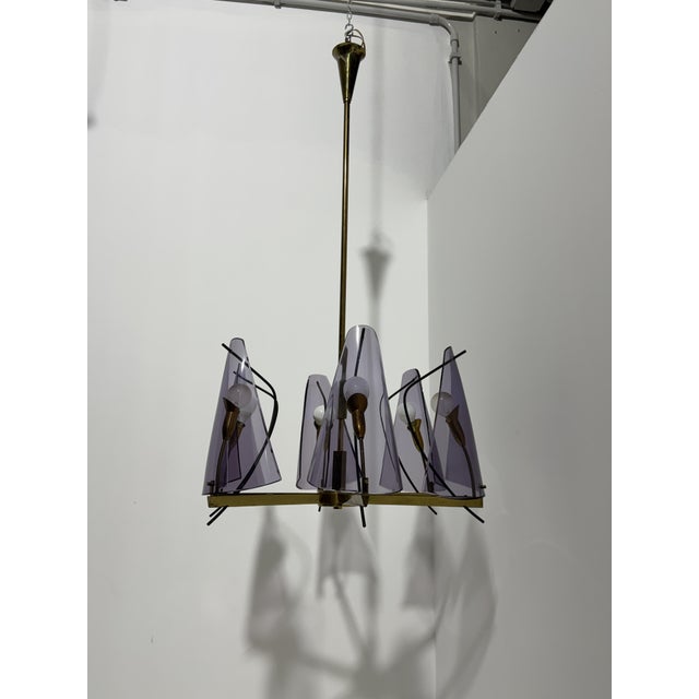 Brass and purple acrylic glass chandelier in the style of Stilux Milano, 1960s Six-light, E14 bulbs Intact and in good...