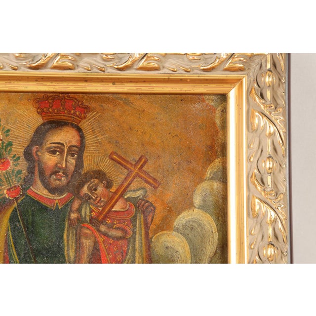 Mexican Geronimo Leon, Saint Joseph With the Christ Child, Oil on Tin, 19th Century For Sale - Image 3 of 9