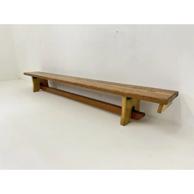 Dimensions: 240cm Width , 28cm Depth , 29.5cm Height seat Condition: Used with nice patina Material: Wood, metal