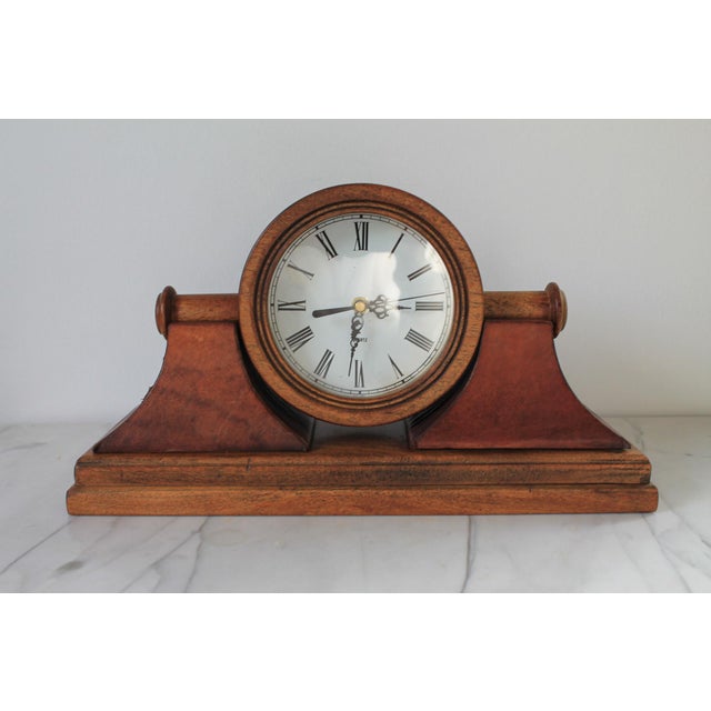 Vintage Quartz Traditional Style Leather Wrapped Wooden Mantel Clock For Sale - Image 4 of 16