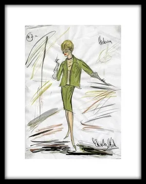 Reproduction Framed Print of Original Costume Sketch by Edith Head for Tippi Hedren "The Birds" (1963)