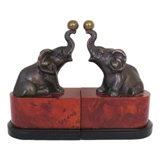 Pair of Patinated Bronze Elephant With Trunk Up Bookends For Sale