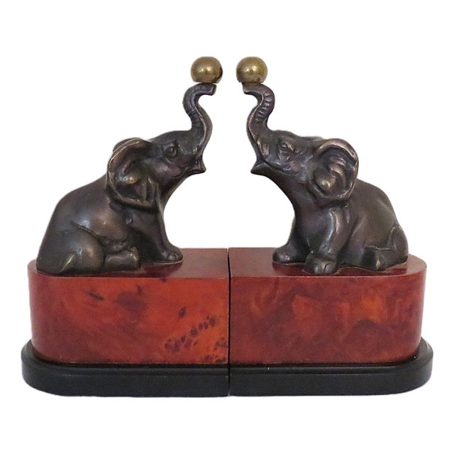 Pair of Patinated Bronze Elephant With Trunk Up Bookends For Sale
