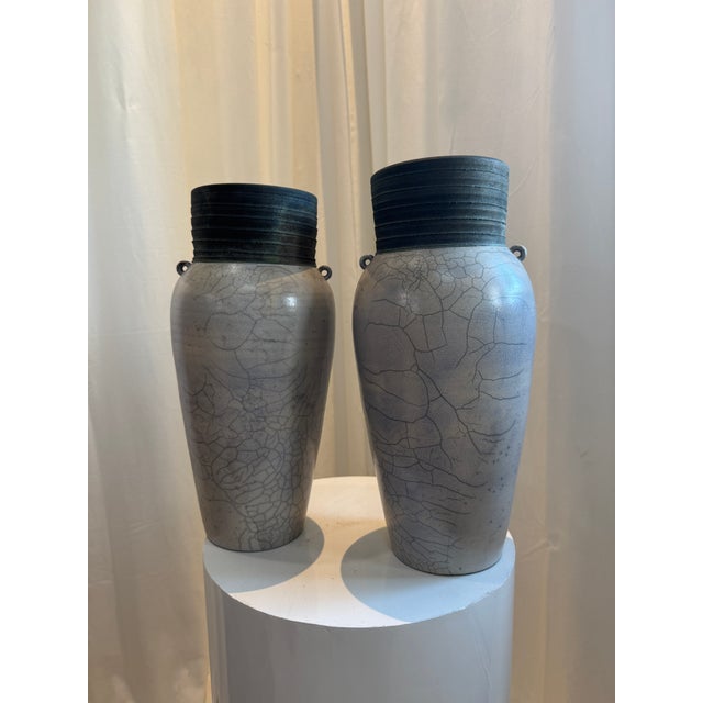 Late 19th Century Handcrafted Raku Ceramic Vase With Crackled Glaze, Ribbed Rim, and Drainage Hole For Sale - Image 4 of 8