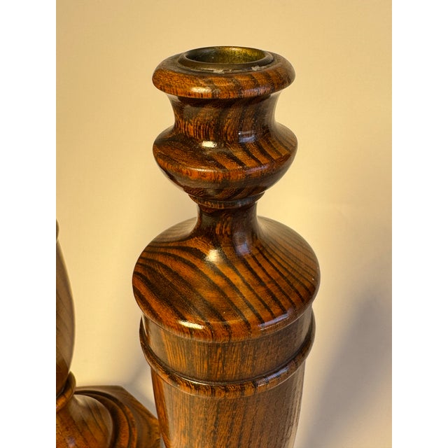 Early 20th Century English Traditional Empire Solid Oak Wood Candlesticks, a Pair For Sale - Image 10 of 12