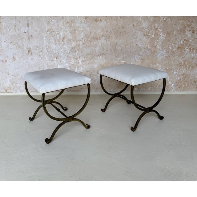 Pair of Small Hand Forged Spanish Gilt Iron Benches in Muslin For Sale - Image 4 of 18
