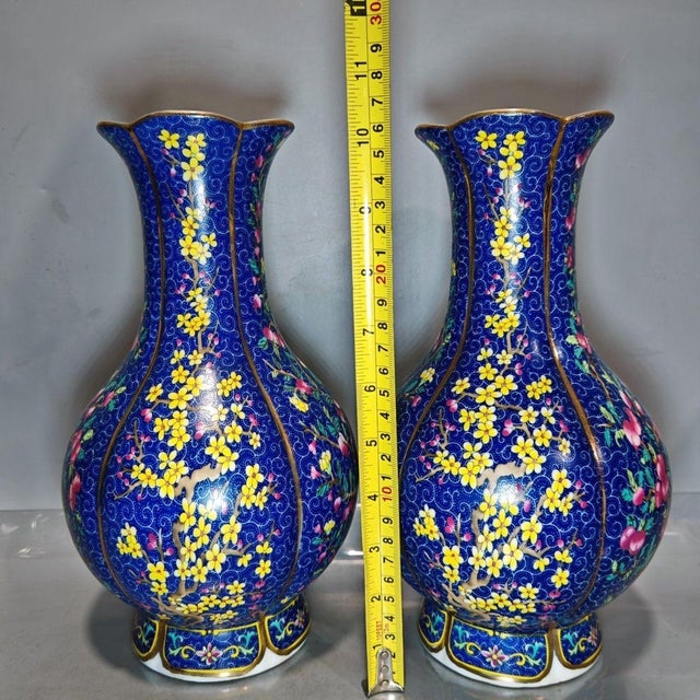 Pair of Chinese Deep Blue Famille Rose Plum Blossom Floral Vases, Chinoiserie Decor Vessels For Sale - Image 9 of 9
