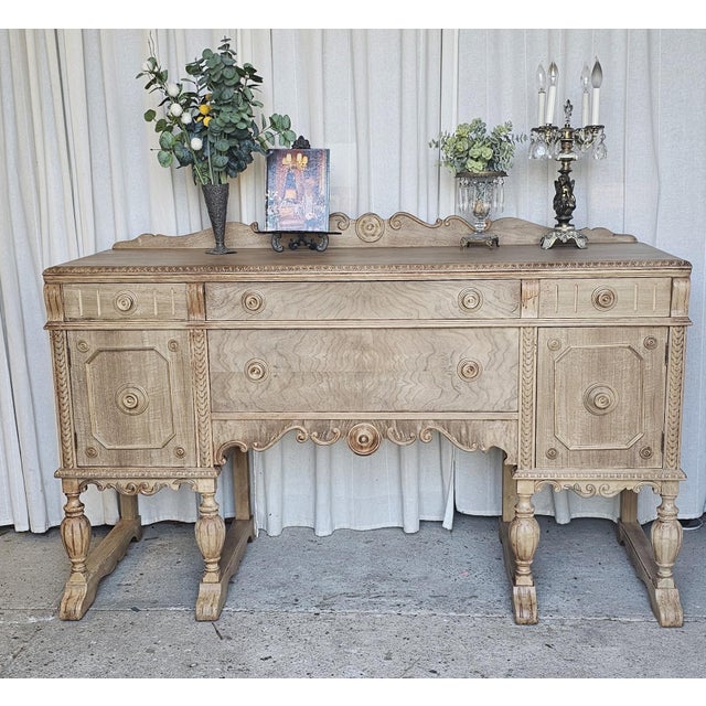 Farm House Walnut, Sideboard Cabinet, Beautiful piece with original wooden knobs, Jacobean Style. Featuring four...