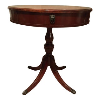 Antique 1940’s Mahogany Drum Table With Stenciled Leather Top For Sale